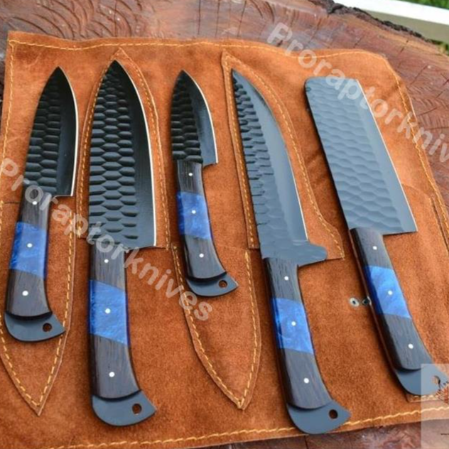 Handmade D2 Steel Textured & Powder Coated Kitchen Chef Set in Box. Pro1446
