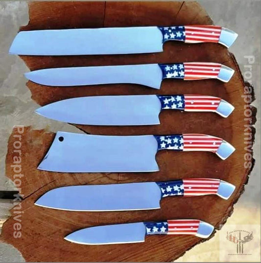 Handmade J2 Steel Plain Steel Six Pieces Chef Set with USA Flag Resin Handle. Pro1449