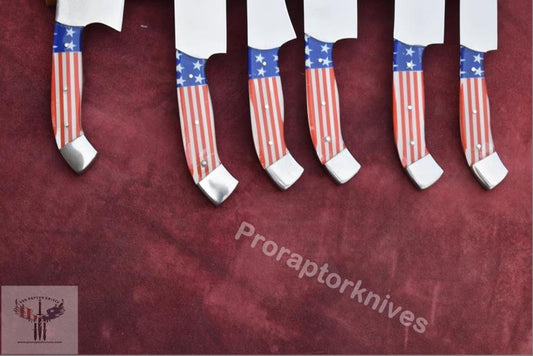 Handmade J2 Steel Plain Steel Six Pieces Chef Set with USA Flag Resin Handle. Pro1449