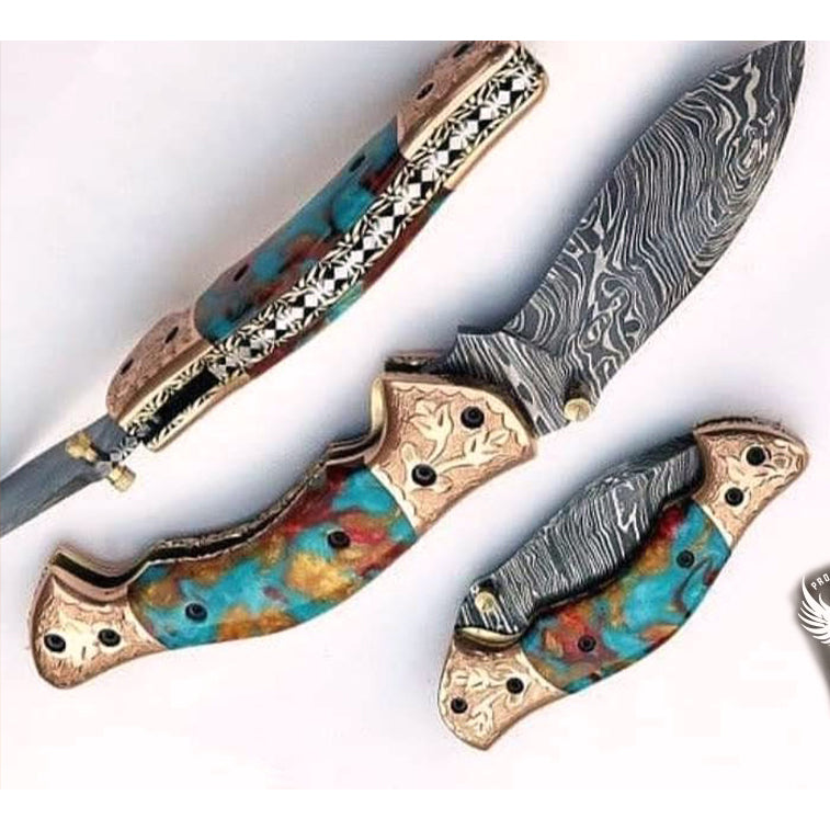 Handmade Damascus Steel Folding Knife with Engraved Bolster & Pommel. Pro1453