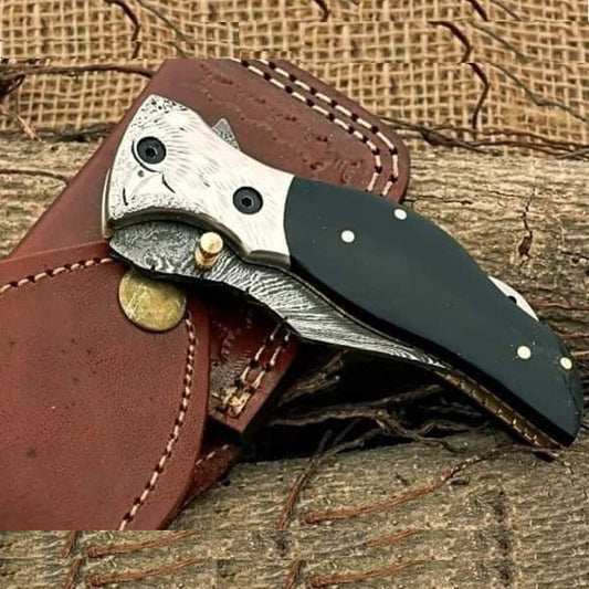 Handmade Damascus Steel Bull Horn Handle Folding Knife with Pocket Clipper. Pro1456