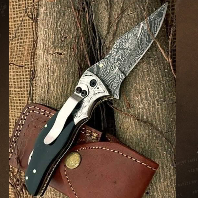 Handmade Damascus Steel Bull Horn Handle Folding Knife with Pocket Clipper. Pro1456