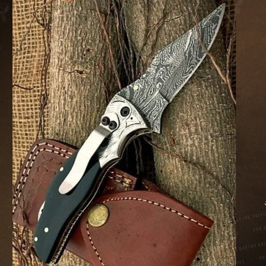 Handmade Damascus Steel Bull Horn Handle Folding Knife with Pocket Clipper. Pro1456