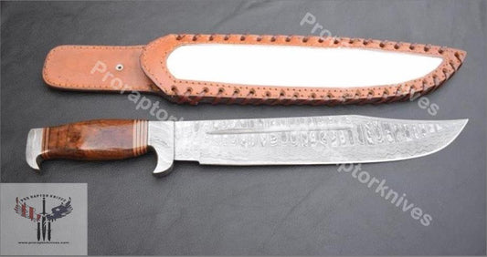 Handmade Damascus Steel Hunting Bowie with Rosewood and Brass lining handle. Pro1462