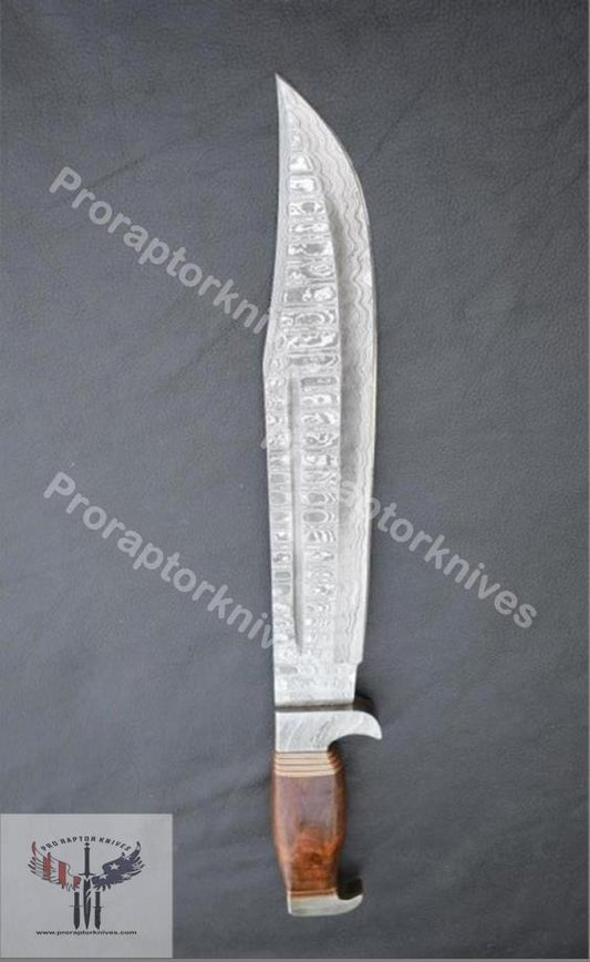 Handmade Damascus Steel Hunting Bowie with Rosewood and Brass lining handle. Pro1462