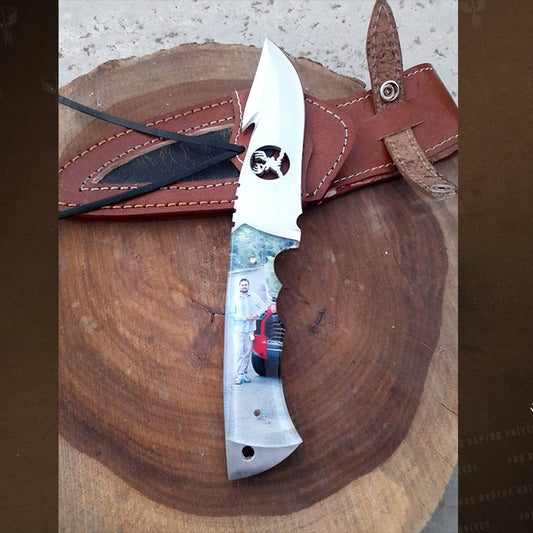 Handmade J2 Steel Cross Cut Camping Gadget with Customized Photo on Handle. Pro1525