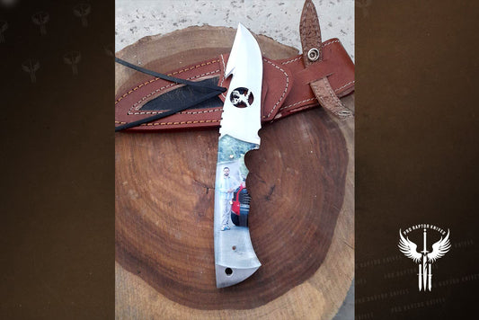 Handmade J2 Steel Cross Cut Camping Gadget with Customized Photo on Handle. Pro1525