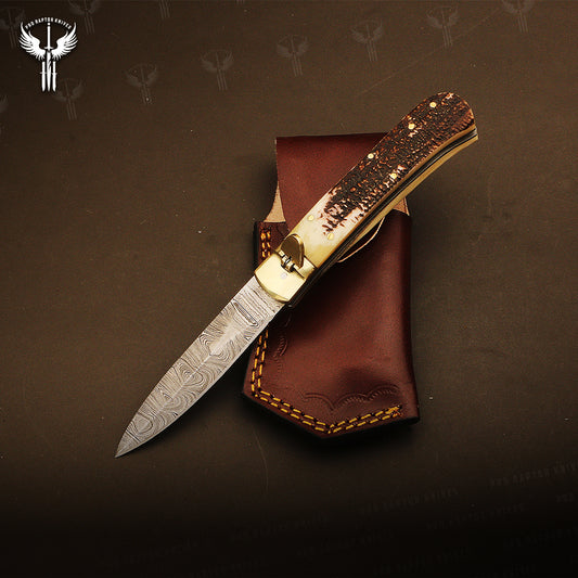 Damascus steel Push Button Stag Handle Folding Knife in Wooden Box. Pro1705