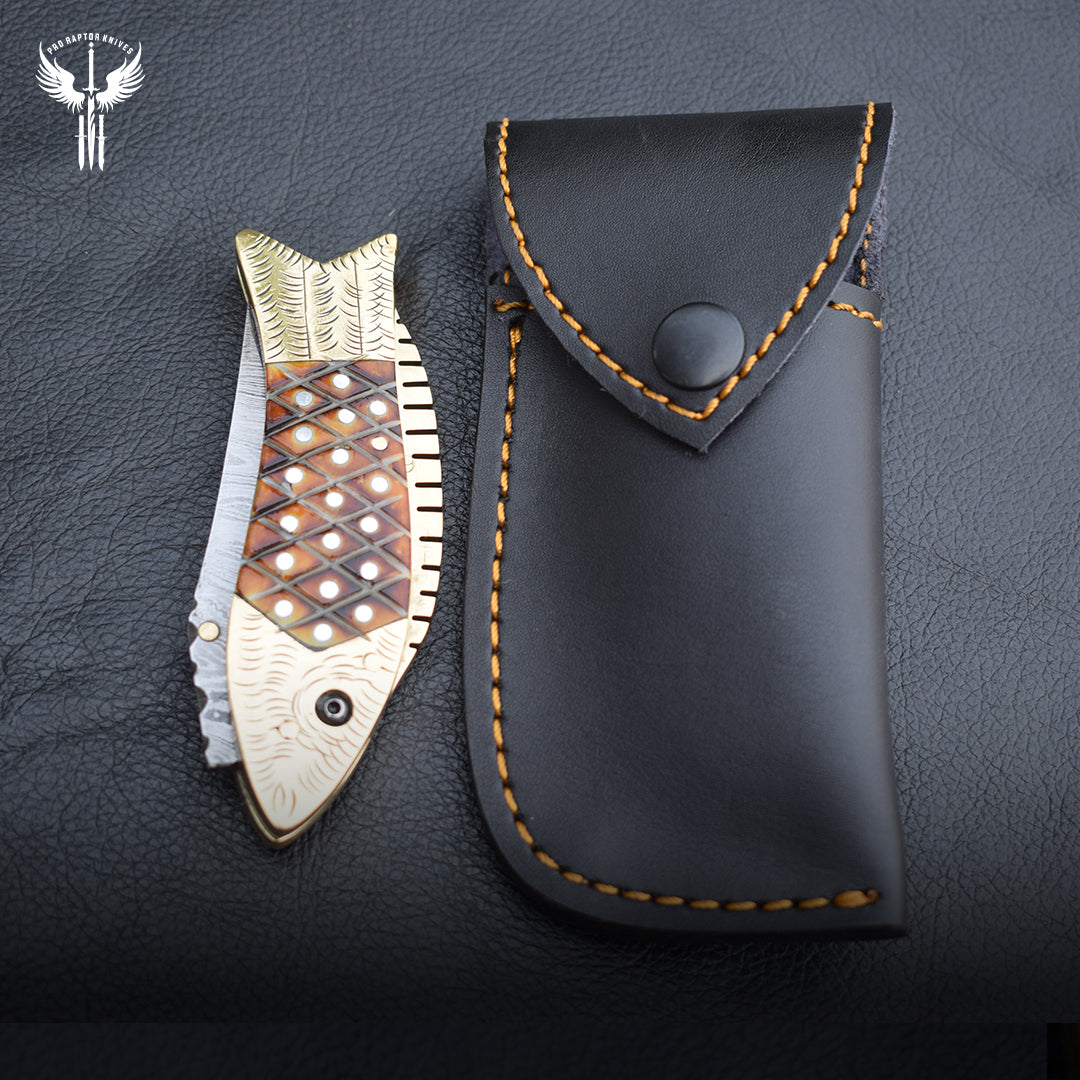 Handmade Damascus Steel Fish Shape Folding Knife with Engraved Handle. Pro1458