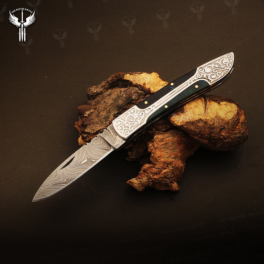 Handmade Damascus steel Micarta Handle Folding Knife Wooden Box. Pro1703