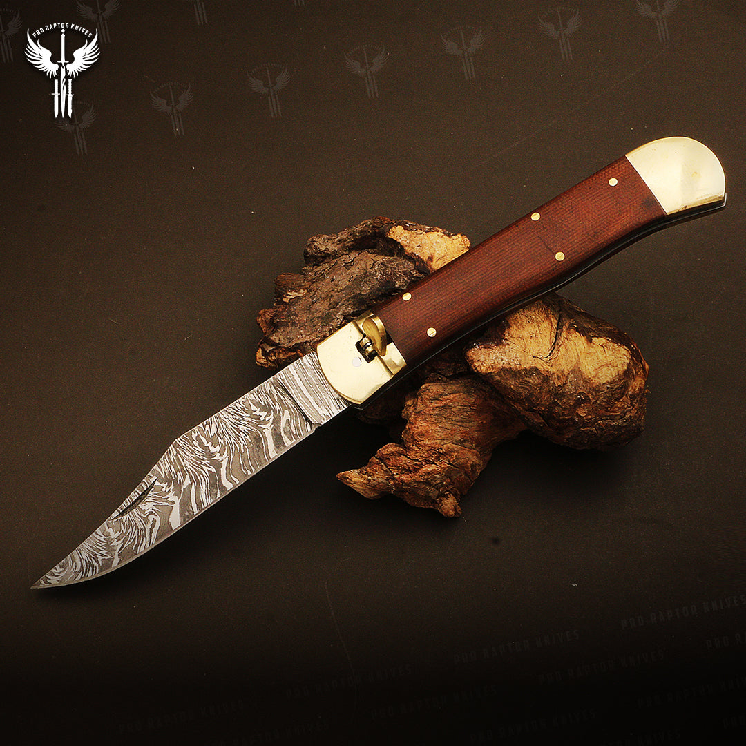 Damascus steel Push Button Folding Knife with Micarta Handle. in Wooden Box. Pro1704