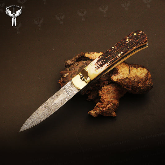 Damascus steel Push Button Stag Handle Folding Knife in Wooden Box. Pro1705