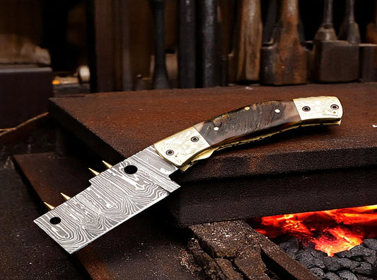 Damascus Etched Cleaver Blade Style Folding Knife with Spine Rivets. Pro1921