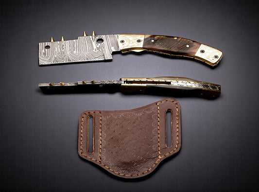 Damascus Etched Cleaver Blade Style Folding Knife with Spine Rivets. Pro1921