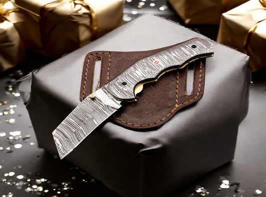 Damascus Steel Cleaver Blade Folding Knife with Damascus Handle. Pro1922