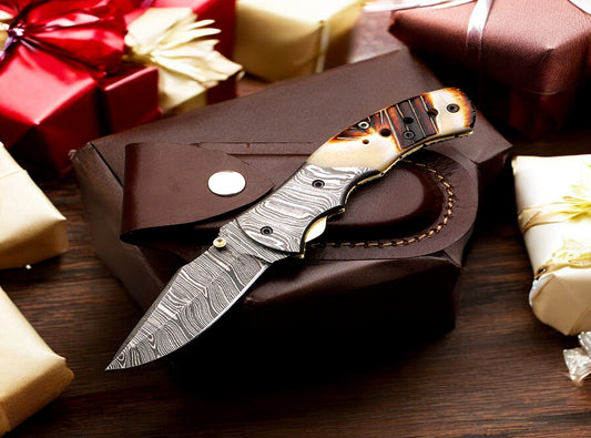 Handmade Damascus Steel Folding Knife with Engraved Resin Handle. Pro1481