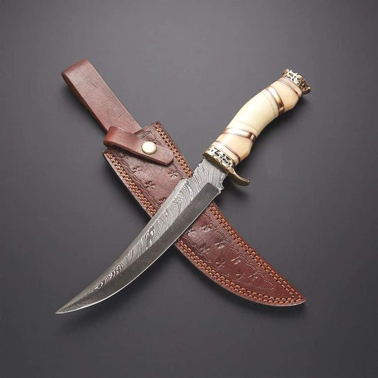 Handmade Damascus steel Hunting Skinner Knife with Brass Guard and Pommel Handle. Pro1460