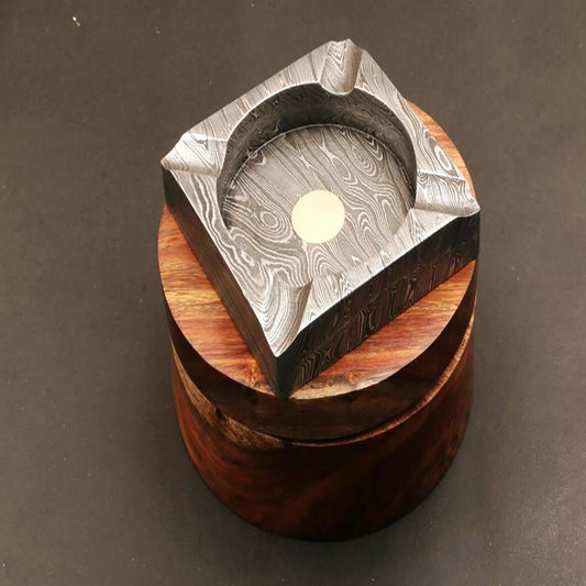 Handmade Damascus Steel Square Shape Cigar Ashtray in Rose Wood Box. Pro7003