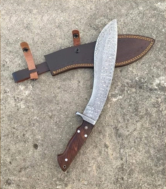 Handmade Damascus Steel Hunting Kukri Knife With Dark Wood Handle. Pro1450
