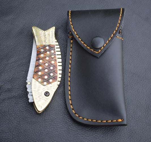 Handmade Damascus Steel Fish Shape Folding Knife with Engraved Handle. Pro1458