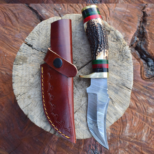 Handmade Damascus steel Stag Handle Camping Gear with Brass Bolster. Pro1520