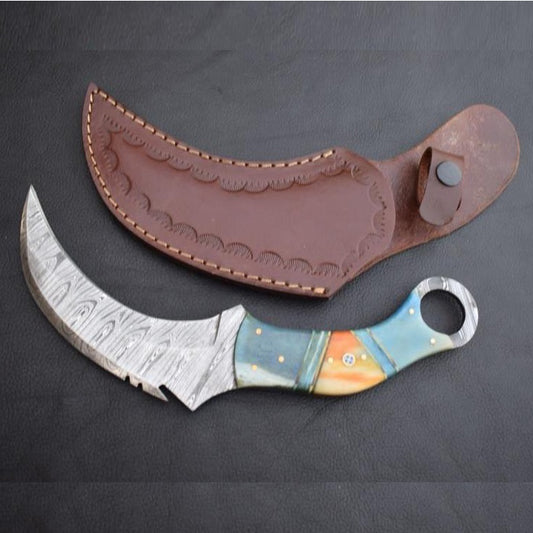 Handmade Damascus Steel Two Color Resin  Karambit Knife with Damascus Finger Ring. Pro1542