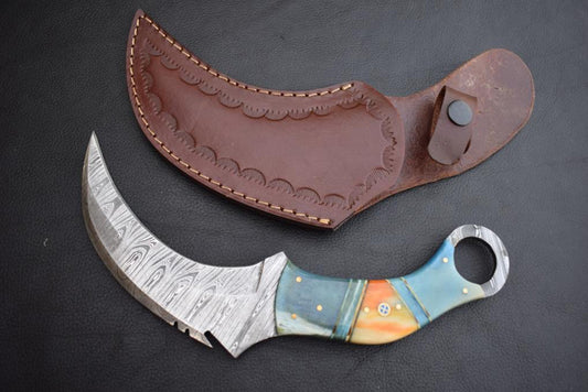 Handmade Damascus Steel Two Color Resin  Karambit Knife with Damascus Finger Ring. Pro1542