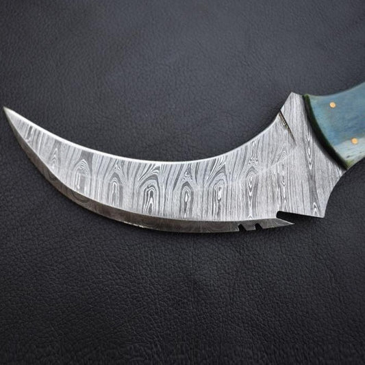 Handmade Damascus Steel Two Color Resin  Karambit Knife with Damascus Finger Ring. Pro1542