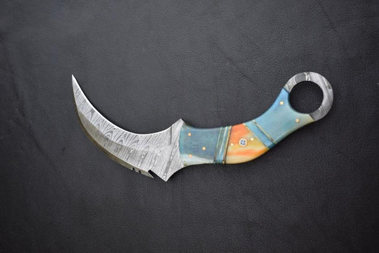 Handmade Damascus Steel Two Color Resin  Karambit Knife with Damascus Finger Ring. Pro1542
