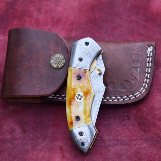 Handmade Damascus Steel Camel Bone Folding Knife with Damascus Bolster. Pro1470