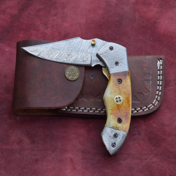 Handmade Damascus Steel Camel Bone Folding Knife with Damascus Bolster. Pro1470