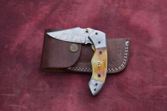 Handmade Damascus Steel Camel Bone Folding Knife with Damascus Bolster. Pro1470