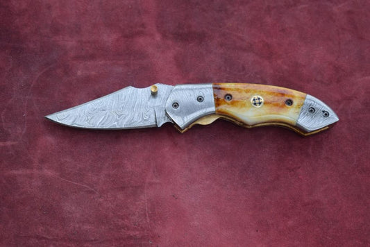 Handmade Damascus Steel Camel Bone Folding Knife with Damascus Bolster. Pro1470