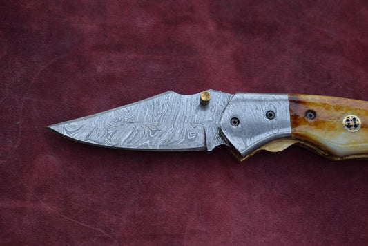 Handmade Damascus Steel Camel Bone Folding Knife with Damascus Bolster. Pro1470