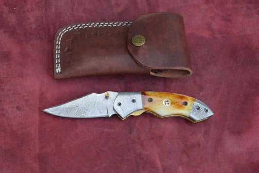 Handmade Damascus Steel Camel Bone Folding Knife with Damascus Bolster. Pro1470