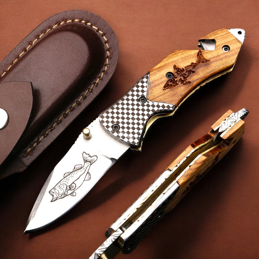 Handmade D2 steel Hunting Camping Folding knife with Rope cutting Hook Handle. Pro1919