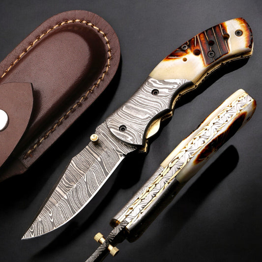 Handmade Damascus Steel Folding Knife with Engraved Resin Handle. Pro1481