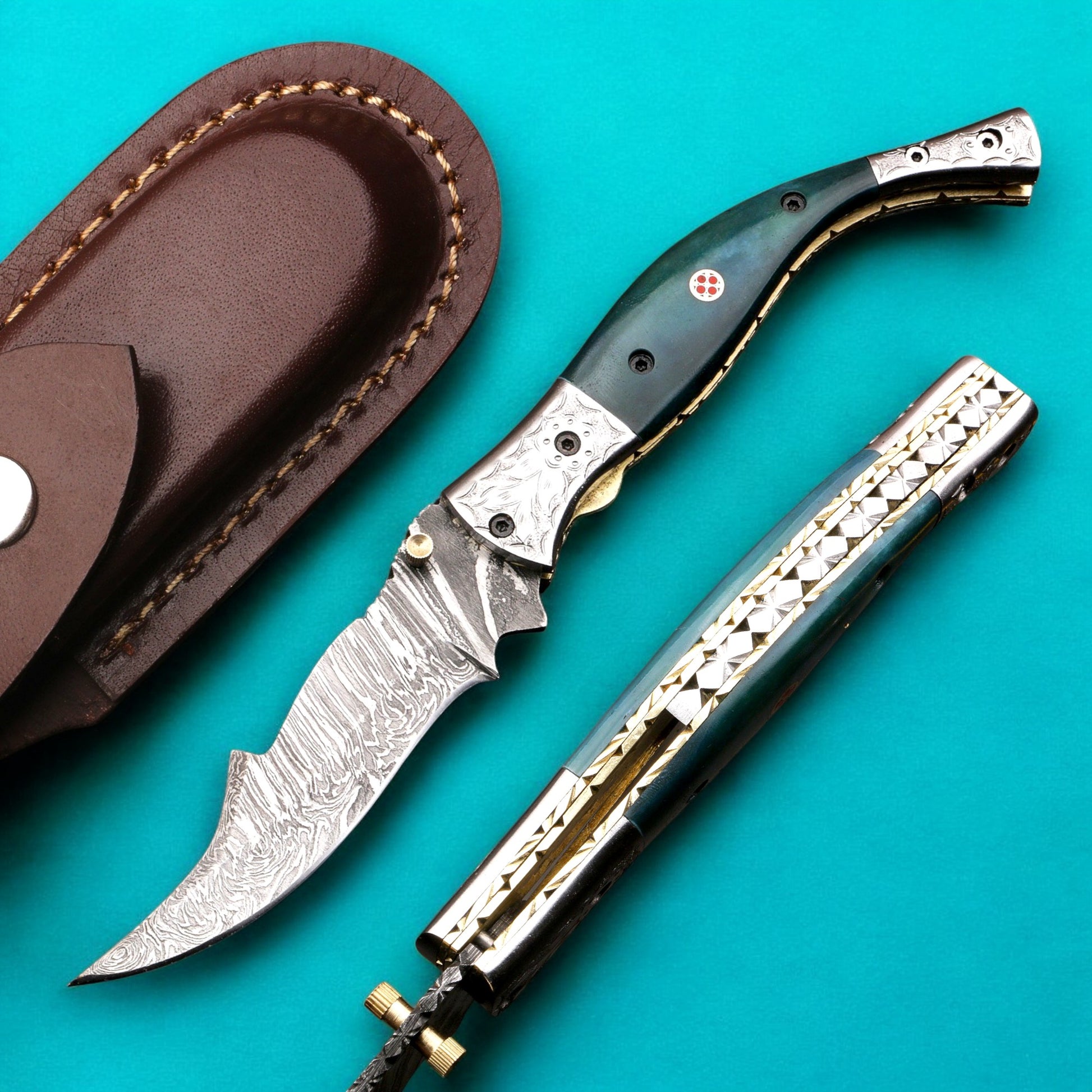 Handmade Damascus Steel Fish Tail Shape Folding Knife with Engraved Bolster and Pommel. Pro1476