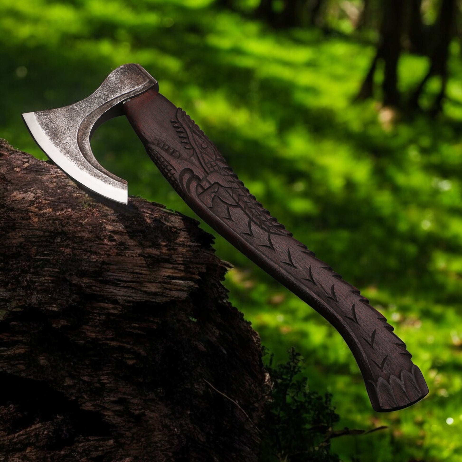 Handmade Carbon Steel Viking Axe with Dark Crafted Crocodile on Ash Wood Shaft. Pro-Bello1440