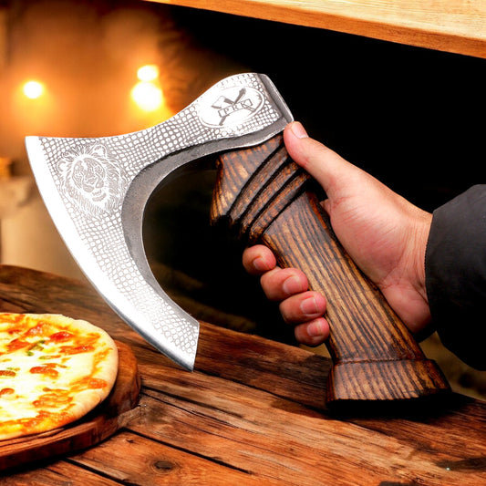 Handmade High Carbon Steel Lion etched Long Edge Pizza Cutter Axe with Ash Wood Handle. Pro-Bello5555