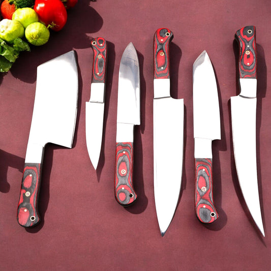 Handmade J2 Steel Six Pieces Kitchen Chef Knives Set with G10 Handles. Pro1451