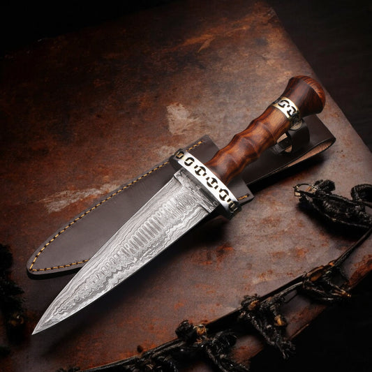 Premium Damascus steel Dark Wooden Handle Dagger Knife with Brass Guard. Pro1545