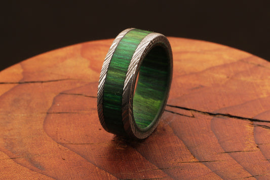 Enchant Damascus steel Wooden Filler Ring with Wood Inlay Packed in Special Box. Pro7012