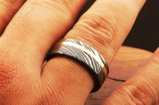 Fascinating Damascus steel Brass Side Edge Line Ring Packed in Special Box. Pro7014