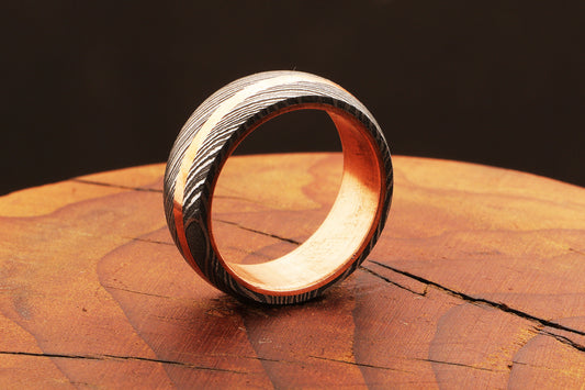 Brass Barrel Damascus Steel Ring with Embedded Brass Line.Pro7017