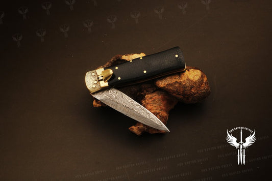 Handmade Damascus steel Push Button & Black Micarta Folding Knife in Wooden Box. Pro1701