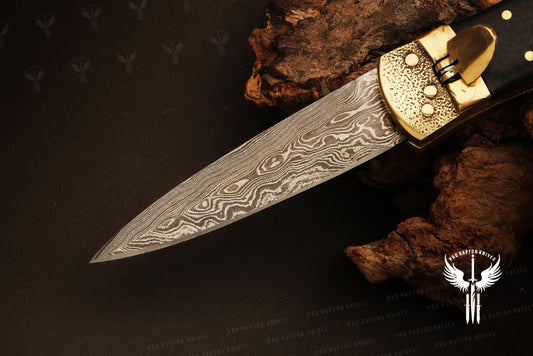Handmade Damascus steel Push Button & Black Micarta Folding Knife in Wooden Box. Pro1701