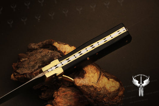 Handmade Damascus steel Push Button & Black Micarta Folding Knife in Wooden Box. Pro1701