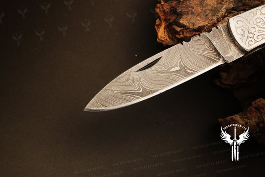 Handmade Damascus steel Micarta Handle Folding Knife Wooden Box. Pro1703