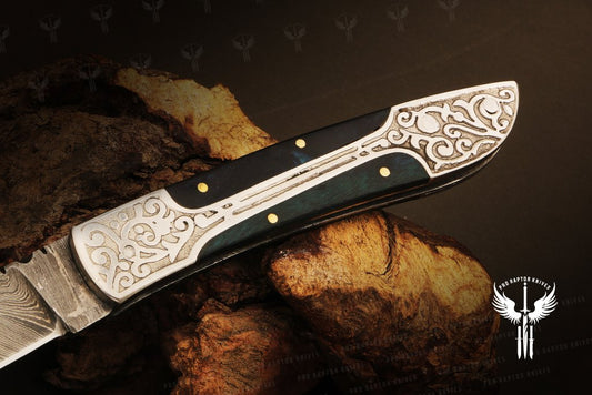 Handmade Damascus steel Micarta Handle Folding Knife Wooden Box. Pro1703